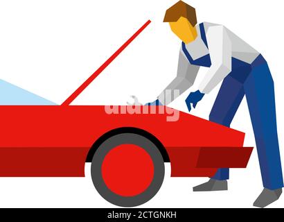 Mechanic with wrench repair red sport car. Specialist adjust wheel (or tires) on auto. Flat style vector illustration isolated on white background. Stock Vector