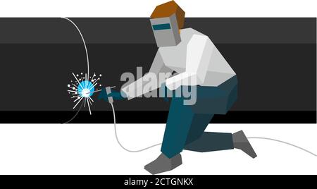 Welder in the mask connects metal pipes in pipeline. Flat style vector illustration isolated on white background. Stock Vector