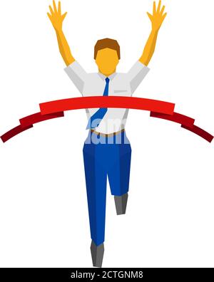 Running businessman crosses a finish line red ribbon. Front view. Business metaphors - success, winning race, leadership concept. Flat style vector cl Stock Vector