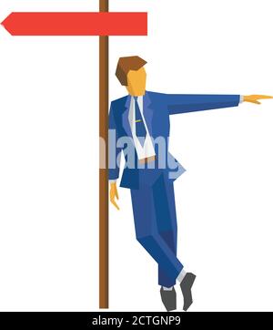 Businessman standing near the arrow pointer and shows in opposite side. Business concept - mistakes, wrong choice, alternative selection, unexpected d Stock Vector