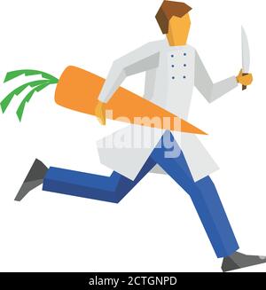 Chef runs with a knife and a giant carrot in hands. Cooking or food concept. Simple flat style vector clip art. Stock Vector