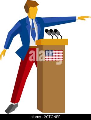 Speaker at podium. Man in red and blue suit standing at rostrum with USA flag. Press conference of candidate, debate, interview. Flat design vector il Stock Vector