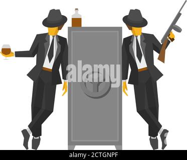 Two gangsters in suits standing near the safe. Two vintage mafia men with whiskey, tommy gun and closed strongbox. Flat vector clip art on white backg Stock Vector