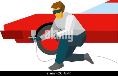 Mechanic spraying paint on red sport car from pulveriser. Spray painting auto with airbrush. Flat style vector illustration isolated on white backgrou Stock Vector