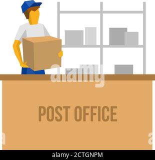 Delivery man in blue uniform holding carton box. Postman behind the counter with parcel in post office. Lot of boxes silhouettes at the back. Simple f Stock Vector