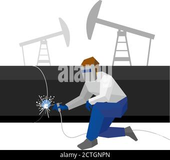 Welder in the mask connects metal pipes in pipeline. Oil pumps behind. Flat style vector illustration isolated on white background. Stock Vector