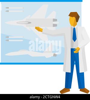 The scientist shows a poster with a fighter aircraft. Specialist talks about a military jet airplane. Vector image clip art. Stock Vector