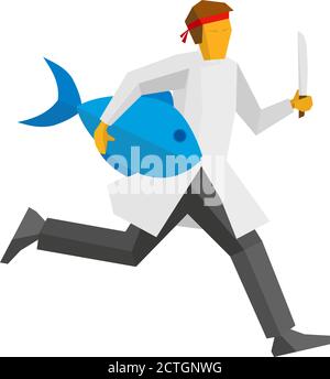 Japanese chef runs with a knife and a giant fish in his hands. Asian food or cooking concept. Simple flat style vector clip art. Stock Vector