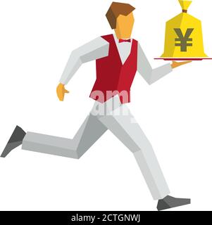 Waiter in red vest and white trousers runs with a money bag on a tray. Japanese yen sign on a bagful. Business concept - easy money, cash in any time. Stock Vector