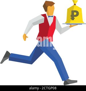 Waiter in red vest and blue trousers runs with a money bag on a tray. Russian ruble sign on a bagful. Business concept - easy money, cash in any time. Stock Vector
