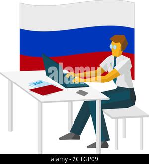 Computer hacker working with laptop. With big russian flag behind. Cyber crime concept - flat vector illustration. Stock Vector