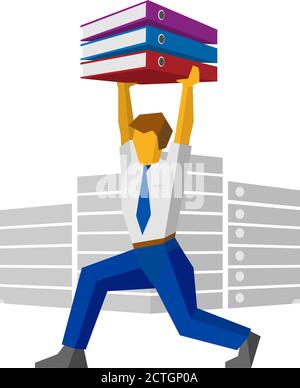 Businessman raises binders with papers like weightlifter. Isolated on white background. Business concept - work with documentation, workflow, bureaucr Stock Vector