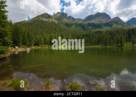 Panoramic view of San Pellegrino lake in Val di Fassa, Trentino Alto-Adige, Italy Stock Photo