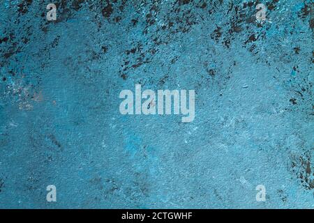 Concrete blue gray background with old absolete scuffs, black splashes. Grungy paint Textured floor, wall cement texture, grunge style. Space for text Stock Photo