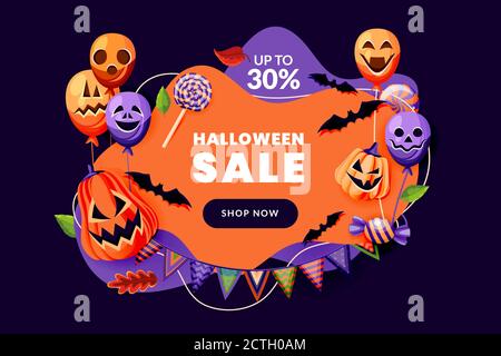 Halloween party invitation with horror decoration. Poster or discount sale banner design template. Holiday balloons with grinning faces, pumpkin lante Stock Vector