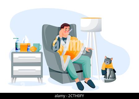 Flu sick man sitting on arm-achair under plaid and measures temperature. Young guy and cat have autumn or winter seasonal cold respiratory infection d Stock Vector