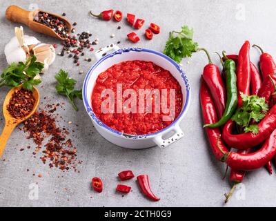 red hot sauce pepper, ingredients, spices Stock Photo