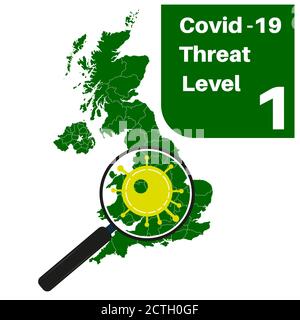 Covid-19 UK Threat Level 1 (Green) with map and magnifying glass Stock Vector