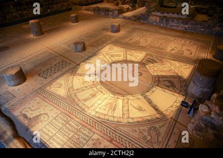 Zodiac mosaic floor, synagogue in Hamat Tiberias Hamat Tverya National Park is an ancient archaeological site and an Israeli national park, On the sho Stock Photo