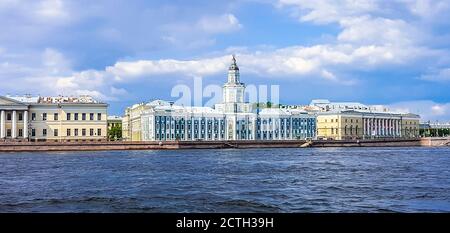View of the Kunstkamera on the University Embankment across the Neva river in Saint Petersburg, Russia. Stock Photo