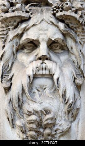 London, England, UK. Carved face of Greek River God Achelous on a keystone on the South Wing of Somerset House, Victoria Embankment. Stock Photo