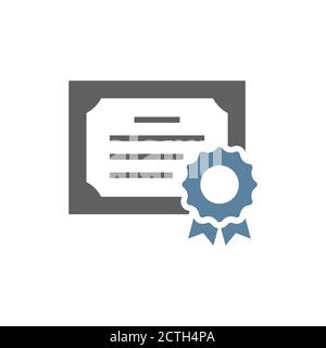 Diploma paper black vector icon. Certificate with badge simple glyph symbol. Stock Vector