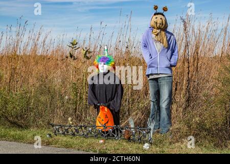 Scarecrow entry in annual fall contest at Prophetstown State Park living history museum  Battleground Indiana Stock Photo