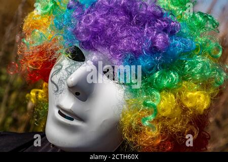 Halloween mask and colorful wig Stock Photo