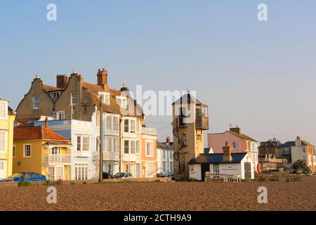 Buildings facing Aldeburgh beach including the South Lookout tower. Aldeburgh, Suffolk. UK. Stock Photo