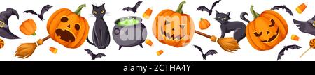 Vector Halloween horizontal seamless border with jack-o-lanterns (pumpkins), cats, bats, cauldron, hat, brooms and candy corns. Stock Vector