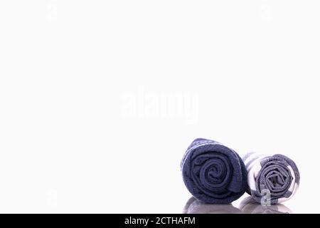 Kitchen towels drying dishes isolated on white background. Classic tea towel set Stock Photo