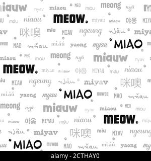 Cat sound "meow" in many international versions. Seamless tilling pattern with different meow spellings and fonts. Concept for "Do you speak cat?" Stock Vector