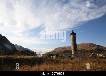 Glenfinnan Monument, Lochaber Scotland  1815, in tribute to the Jacobite clansmen who fought and died in the cause of Prince Charles Edward Stuart. I Stock Photo