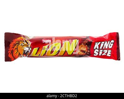 BUCHAREST, ROMANIA - APRIL 15, 2015. Lion King Size chocolate bar isolated on white, produced by Nestle Stock Photo