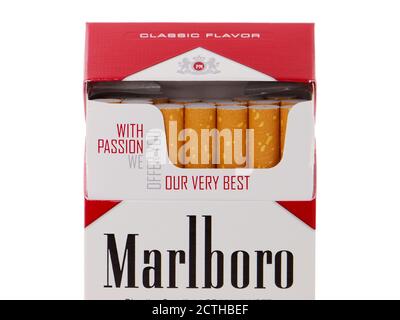 BUCHAREST, ROMANIA - APRIL 6, 2015. Pack of Marlboro Cigarettes isolated on white, made by Philip Morris Stock Photo