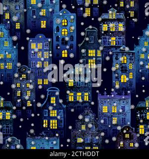 Christmas background with night snowy winter city. Watercolor old europe houses with snowflakes. Watercolour seamless pattern of colorful european ams Stock Photo
