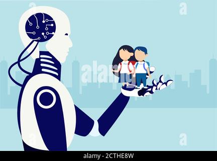 Vector of a robot holding in his hand two students a little boy and a girl Stock Vector
