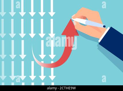 Vector of a visionary businessman drawing an arrow going up in opposite direction to many other Stock Vector