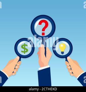Vector of businessmen hands holding magnifying glass searching for idea analyzing financial investment opportunities Stock Vector