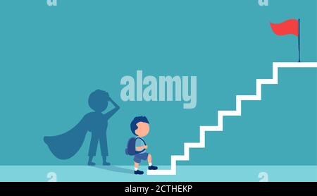 Vector of a little boy with a super hero shadow climbing up stairs to reach his goal on the top Stock Vector