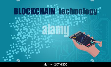 Blockchain technology text and smartphone with bitcoin graph in hand. The finger presses the buy button. Abstract digital blue background with circuit Stock Vector