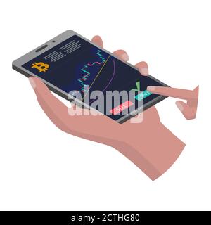 Isometric smartphone in hand with a chart of bitcoin that goes up isolated on white. The finger presses the buy button. The phone case is gray. Templa Stock Vector