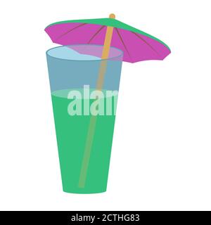 Green cocktail with hawaiian umbrella isolated on white. Drink in a glass. The umbrella is green above and violet below. Vector EPS10. Stock Vector
