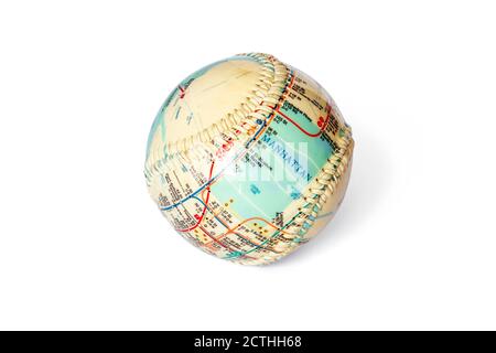 A souvenir baseball from New York, showing the city's map and subway system, isolated on a while background Stock Photo
