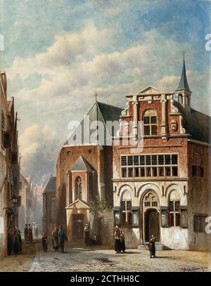 Vertin Petrus Gerardus - Gezicht Op Het Oude Stadhuis En De Petruskerk Te Woerden - Dutch School - 19th  Century Stock Photo