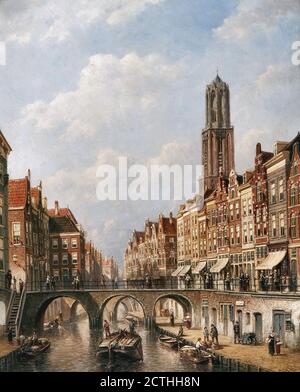 Vertin Petrus Gerardus - Gezicht Op De Oudegracht Utrecht - Dutch School - 19th  Century Stock Photo