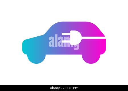 Electric car icon. Electrical plug in automobile silhouette gradient symbol. Eco friendly electric auto vehicle charging station logo concept. Vector eps electricity transport illustration Stock Vector