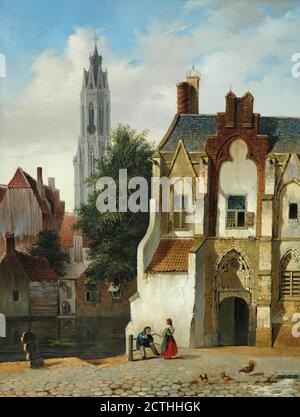 Vertin Petrus Gerardus - Zomers Gezicht Op Delft - Met De Nieuwe Kerk - Dutch School - 19th  Century Stock Photo