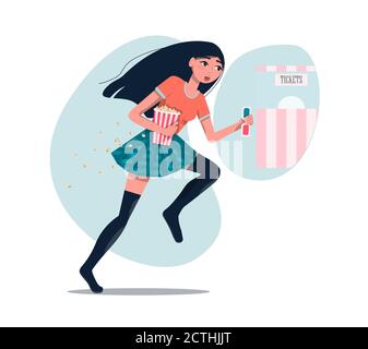 A girl runs to the movies with popcorn and stereo glasses. Young beautiful girl with long dark hair in a stylish plaid skirt. Oriental girl. Ticket office in the background. Flat isolated drawing for a website, app, entertainment advertising, movie theater, and movies Stock Vector