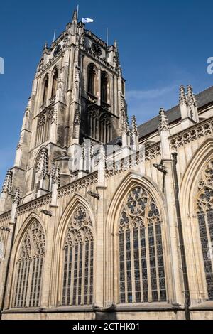 Tower of gothic church Basilica of Our Lady or Onze-Lieve-Vrouwe Basiliek built in 13th-14th century in Tongeren, Belgium Stock Photo